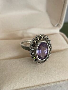 Sterling Silver amethyst and marcasite ring  6-6.5